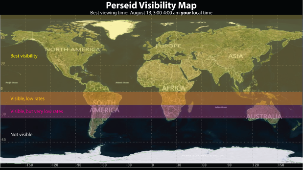 Mapa de visibilidad de la lluvia de meteoritos. (NASA)
