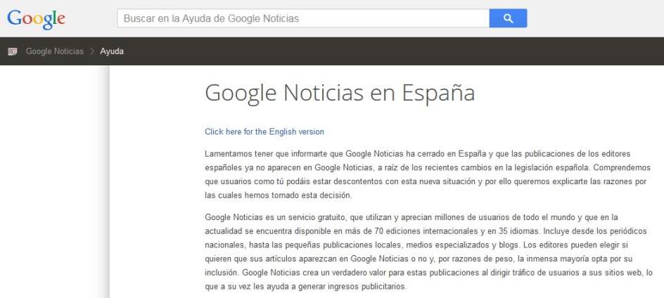 Este es el aviso de cierre de Google News España.