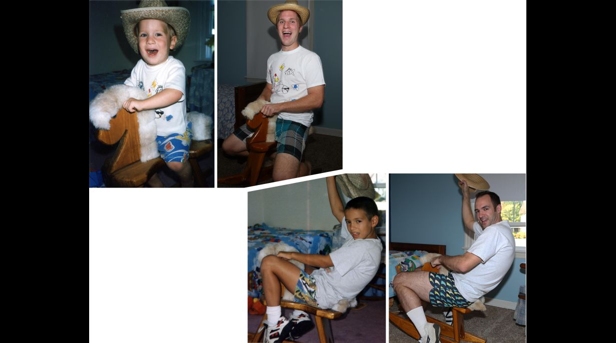 Hermanos recrean fotos de su infancia como regalo para su madre