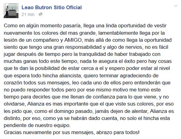 Leao dejó mensaje en su cuenta de Facebook. (Foto: Facebook Alianza Lima)