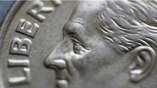 Franklin D. Roosevelt en una moneda de diez centavos.