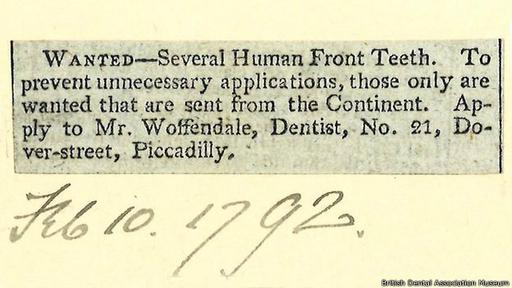 Se compran dientes extranjeros, dice este anuncio de 1792. (Foto: British Dental Association Museum)