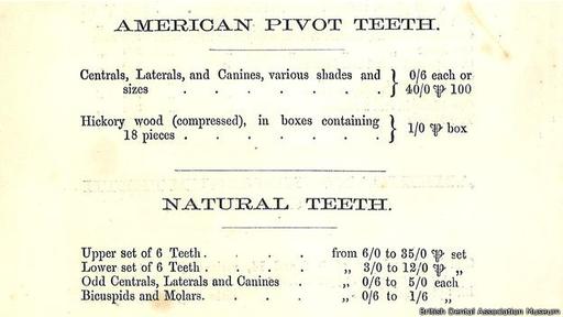 Según esta lista de precios, los dentistas seguían comprando piezas en 1851. (Foto: British Dental Association Museum)