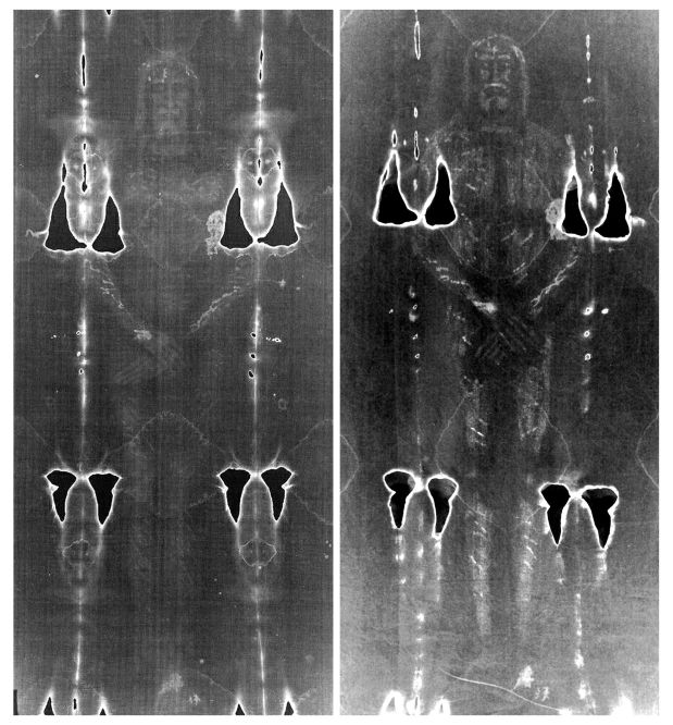 An archive negative image of the Shroud of Turin (L) is shown next to one recreated by an Italian scientist and released in Pavia October 5, 2009. An Italian scientist has reproduced the Shroud of Turin, a feat that he says proves definitively that the linen some Christians revere as Jesus Christ's burial cloth is a mediaeval fake. The shroud, measuring 14 feet, 4 inches by 3 feet, 7 inches (4.4 by 1.2 metres) bears the image, eerily reversed like a photographic negative, of a crucified man some believers say is Christ. Luigi Garlaschelli, a professor of organic chemistry at the University of Pavia, reproduced the full-sized shroud using materials and techniques that were available in the middle ages.  REUTERS/Turin Diocese (L) and Luigi Garlaschelli/Handout  (ITALY RELIGION SCI TECH IMAGES OF THE DAY) NO SALES. NO ARCHIVES. FOR EDITORIAL USE ONLY. NOT FOR SALE FOR MARKETING OR ADVERTISING CAMPAIGNS