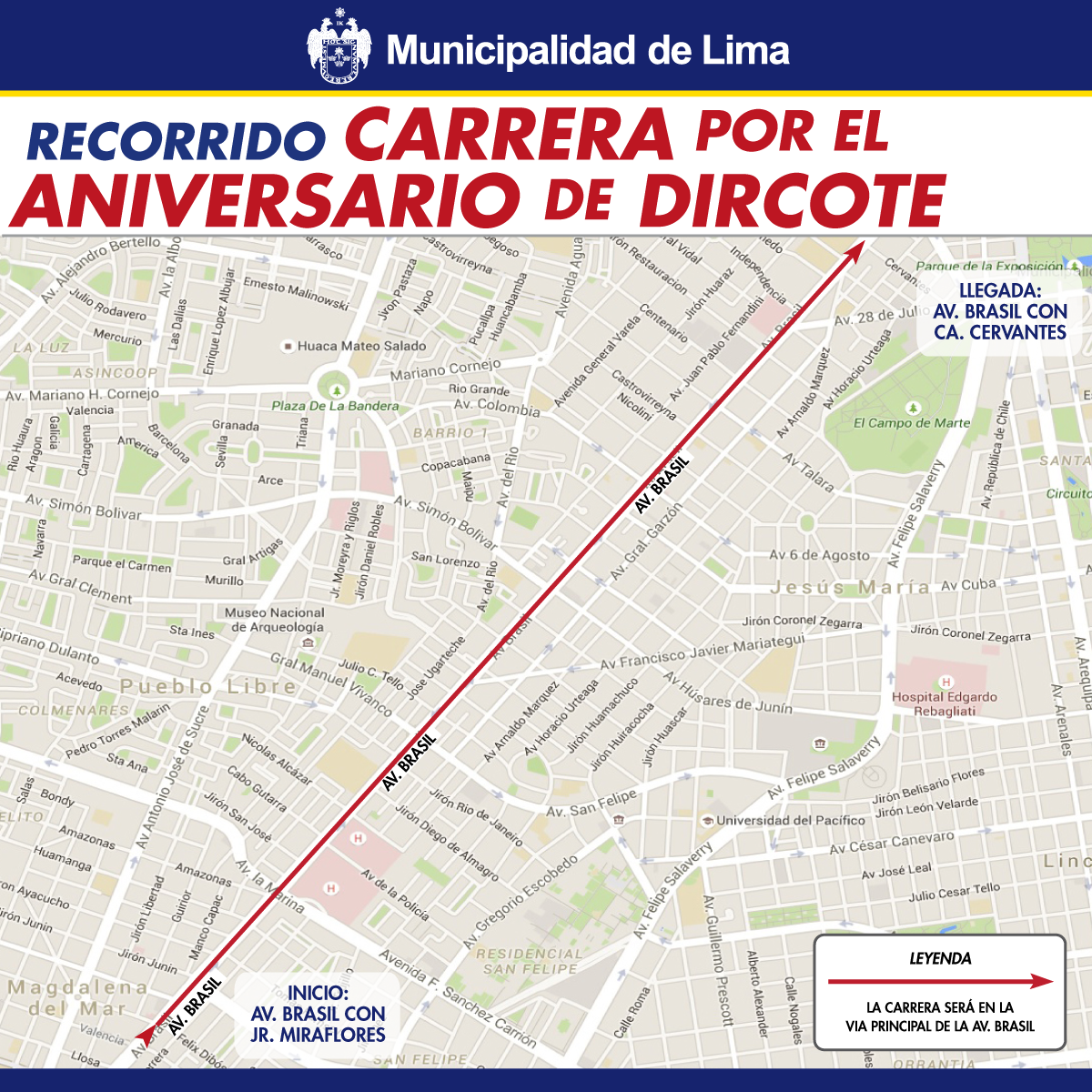 Maratón por aniversario de la Dircote recorrerá avenida Brasil.(Difusión)
