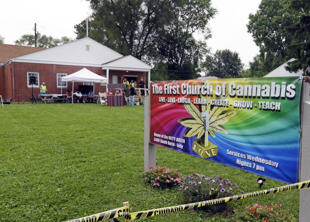 The First Church of Cannabis, established to test Indiana's new religious objections law, will have its first service at noon without marijuana in Indianapolis, Wednesday, July 1, 2015. First Church of Cannabis founder Bill Levin called off plans to light up during the service after local authorities threatened to arrest violators. (AP Photo/Michael Conroy)