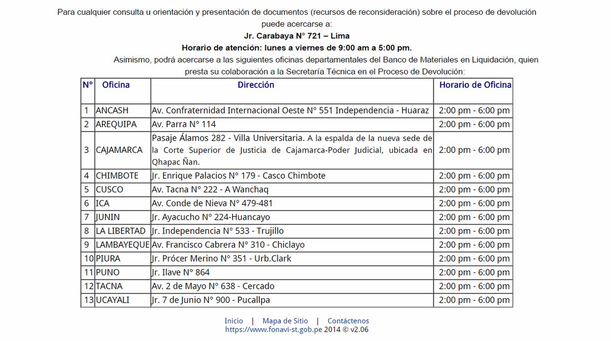Oficinas departamentales (Captura: Secretaría Técnica del Fonavi)