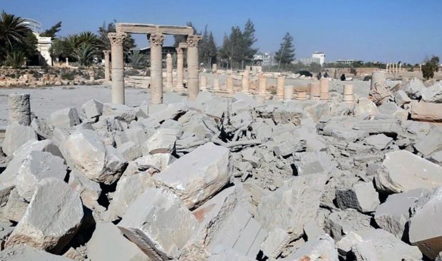 This undated photo released Tuesday, Aug. 25, 2015 on a social media site used by Islamic State militants, which has been verified and is consistent with other AP reporting, shows the demolished 2,000-year-old temple of Baalshamin in Syria's ancient caravan city of Palmyra. A resident of the city said the temple was destroyed on Sunday, a month after the group's militants booby-trapped it with explosives. The U.N. cultural agency UNESCO on Monday called the destruction of the temple a war crime. (Islamic State social media account via AP)