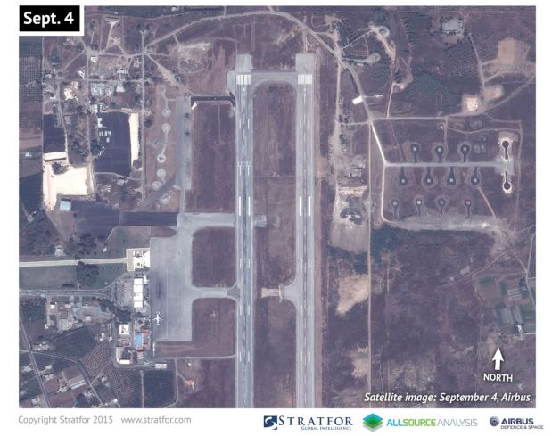 An Airbus Defence and Space satellite image courtesy of Stratfor, a geopolitical intelligence and advisory firm in Austin, Texas, shows the air base at Latakia, Syria on September 4 and September 15, 2015.  U.S. officials said on Wednesday the United States had identified a small number of Russian helicopters at a Syrian airfield, the latest addition to what Washington believes is a significant Russian military buildup in the country.  Russia has been sending about two military cargo flights a day to an air base at Latakia on the government-controlled Syrian coast, U.S. officials say. REUTERS/www.Stratfor.com/Airbus Defence and Space/Handout
