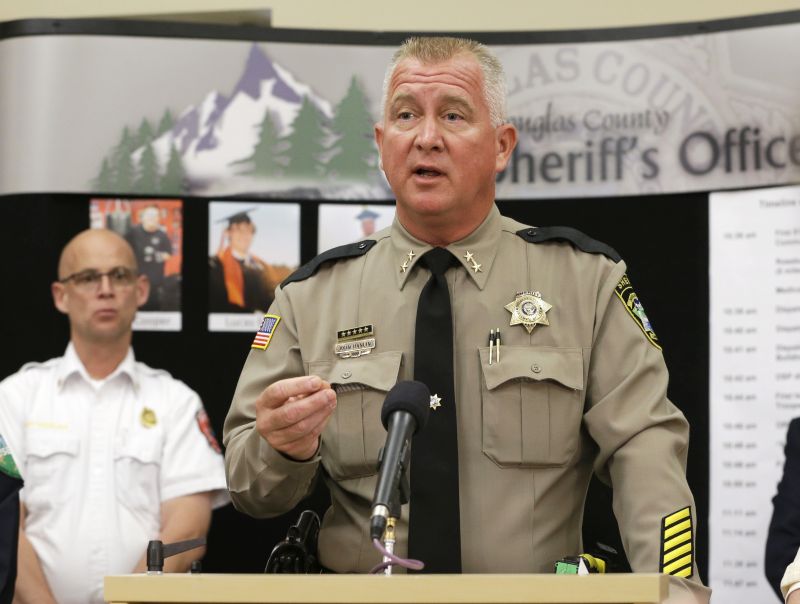 Douglas County Sheriff John Hanlin speaks during a news conference, Saturday, Oct. 3, 2015, in Roseburg, Ore. Hanlin said that Christopher Harper-Mercer, the gunman that killed nine at Umpqua Community College, died from a self-inflicted wound. Harper-Mercer walked into a class at the community college, Thursday and opened fire, killing nine and wounding several others. (AP Photo/Rich Pedroncelli)