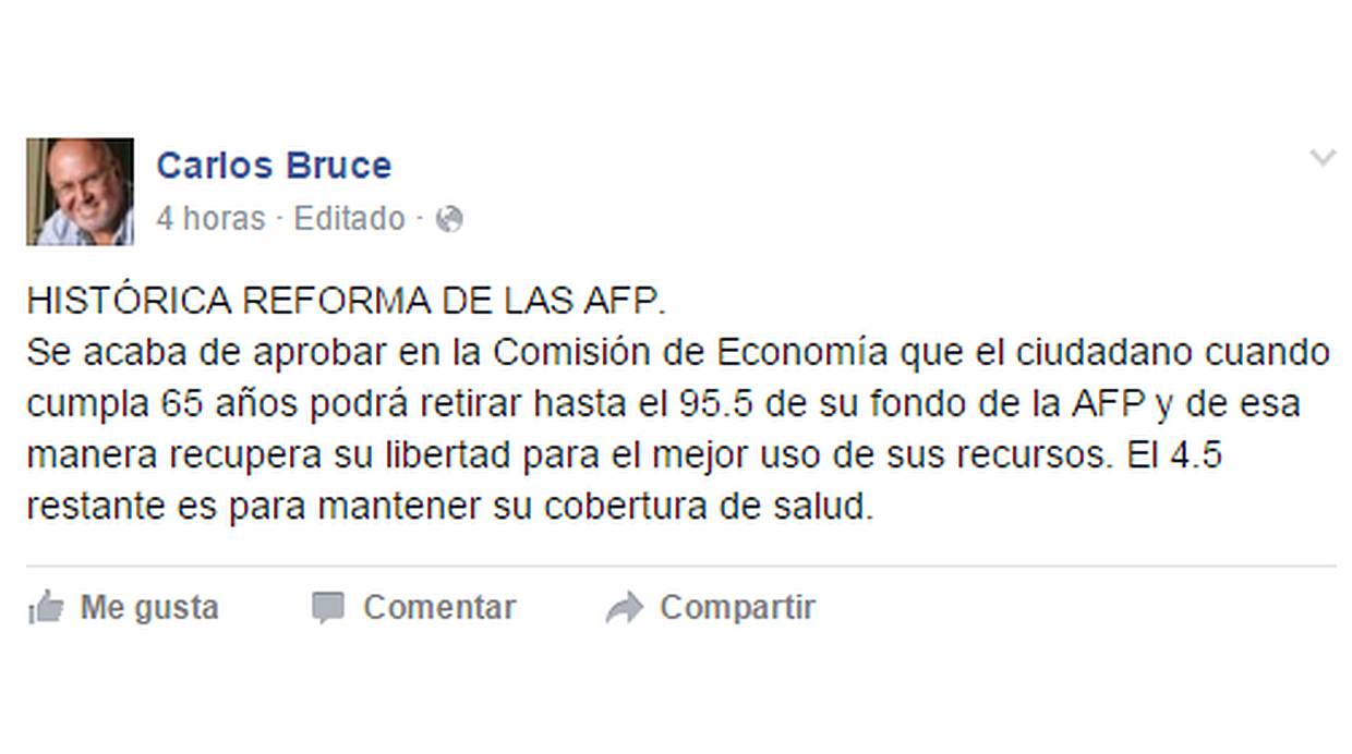 Carlos Bruce comentó en redes sociales la aprobación del dictamen de la Comisión de Economía sobre la disposición de los fondos de pensiones en las AFP. (Fuente: Captura de pantalla)