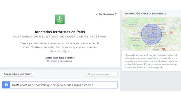 Usuarios de Facebook desde París están enviando notificaciones a través de la aplicación móvil. (Foto: Facebook)