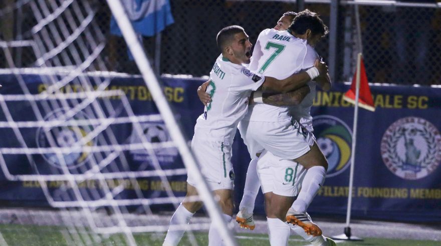 New York Cosmos players celebrate after a goal by Gaston Cellerino (8) against the Ottawa Fury FC  during the NASL Championship Finals in Hempstead, New York, November 15, 2015.  REUTERS/Brendan McDermid