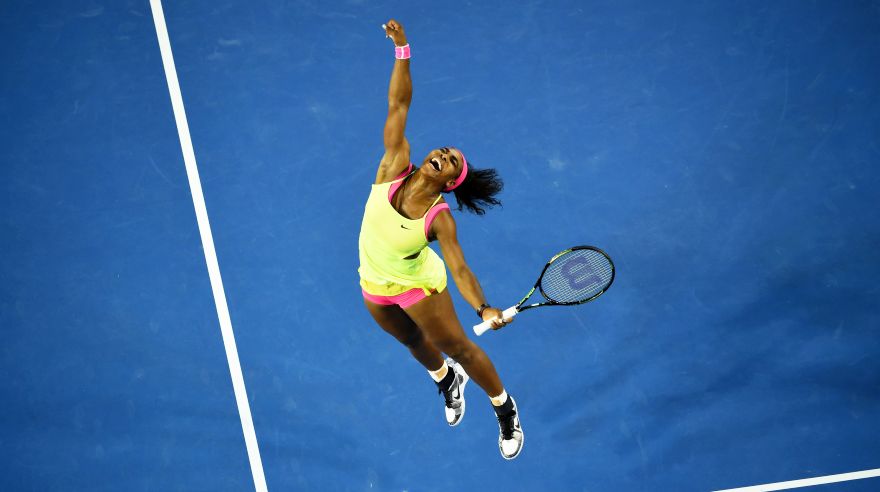 -- AFP PICTURES OF THE YEAR 2015 --Serena Williams of the US celebrates after victory in her women's singles final match against Russia's Maria Sharapova on day thirteen of the 2015 Australian Open tennis tournament in Melbourne on January 31, 2015. AFP PHOTO / WILLIAM WEST-- IMAGE RESTRICTED TO EDITORIAL USE - STRICTLY NO COMMERCIAL USE