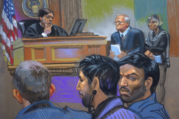 Judge James Cott (L), attorneys John J. Reilly (C) and Rebekah J. Poston (R) with defendants Efrain Antonio Campo Flores (foreground, R) and Franqui Francisco Flores de Freitas (foreground, C) during a hearing in U.S. district court in the Manhattan borough of New York in this courtroom sketch from November 12, 2015. The defendants, who are two of Venezuelan President Nicolas Maduro's relatives, have been indicted in the United States for cocaine smuggling, according to court papers on Thursday, following an international sting that Venezuela cast as an 