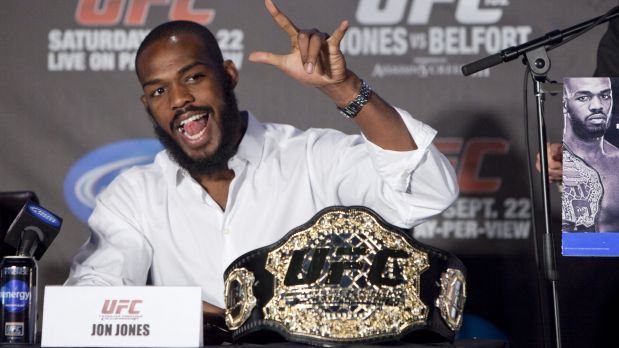 Jon Jones speaks during the UFC 152 pre-fight news conference at the Real Sports Bar and Grill in Toronto on Thursday, Sept. 20, 2012. Jones will be facing Vitor Belfort for the light heavyweight title at the Air Canada Centre on Saturday. (AP Photo/The Canadian Press, Matthew Sherwood)