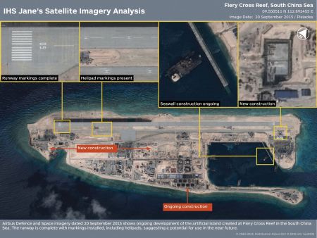 The runway at the Fiery Cross Reef, one of three China was constructing on artificial islands built up from seven reefs and atolls in the Spratlys archipelago, is shown in this IHS Jane's Satellite Imagery Analysis handout image released on January 4, 2016. China's first landing of a plane on one of its new island runways in the South China Sea shows Beijing's facilities in the disputed region are being completed on schedule and military flights will inevitably follow, foreign officials and analysts said.  REUTERS/CNES 2015. Distribution Airbus DS / IHS: 1640203/Handout via Reuters  ATTENTION EDITORS - THIS PICTURE WAS PROVIDED BY A THIRD PARTY. REUTERS IS UNABLE TO INDEPENDENTLY VERIFY THE AUTHENTICITY, CONTENT, LOCATION OR DATE OF THIS IMAGE. FOR EDITORIAL USE ONLY. NOT FOR SALE FOR MARKETING OR ADVERTISING CAMPAIGNS. MANDATORY CREDIT. FOR EDITORIAL USE ONLY. NO RESALES. NO ARCHIVE. THIS PICTURE IS DISTRIBUTED EXACTLY AS RECEIVED BY REUTERS, AS A SERVICE TO CLIENTS.      TPX IMAGES OF THE DAY