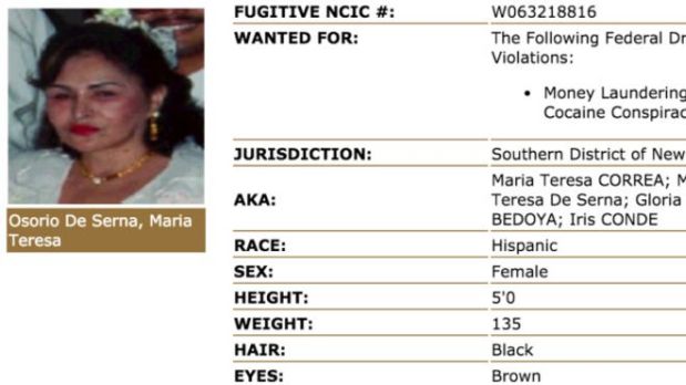 Ficha de María Teresa Osorio de Serna en la página web de la división internacional de la DEA.