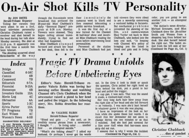 La portada del Sarasota Herald Tribune al día siguiente del suicidio de Christine Chubbuck (imagen cedida por el periódico).