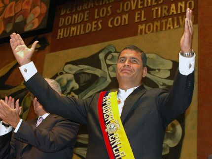 Ecuadorean new President Rafael Correa waves to the audience after being sworn-in at the National Congress in Quito 15 January, 2007. Correa took on striving to transform the most unstable country of the region into a satellite of the new leftist socialism.  AFP PHOTO/PRESIDENCIA