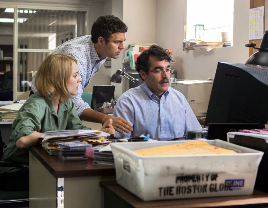 This photo provided by courtesy of Open Road Films shows, Rachel McAdams, from left, as Sacha Pfeiffer, Mark Ruffalo as Michael Rezendes and Brian d?Arcy James as Matt Carroll, in a scene from the film, 
