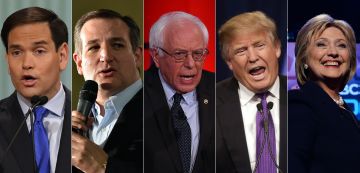 (COMBO) This combination of pictures created on February 25, 2016 shows top US presidential candidates (L-R) Republican Marco Rubio on January 14, 2016; Republican Ted Cruz on February 23, 2016; Democrat Bernie Sanders on on February 04, 2016; Republican Donald Trump on February 23, 2016; and Democrat Hillary Clinton on February 04, 2016.  The candidates head to the Super Tuesday