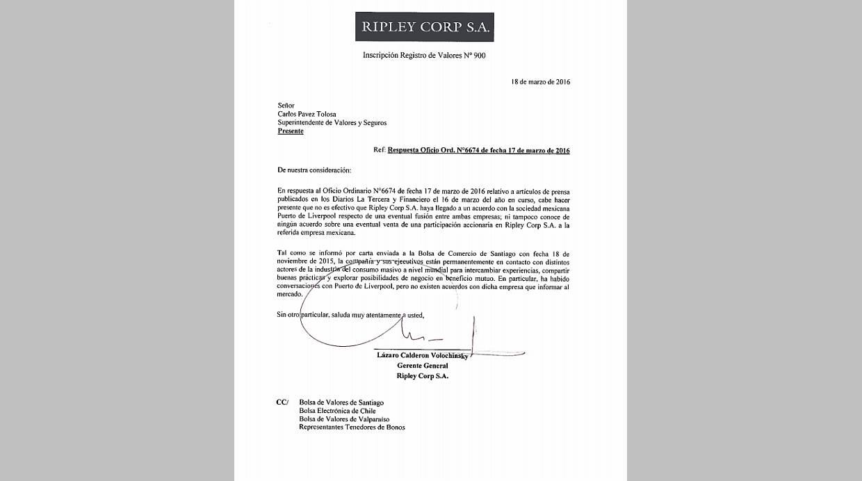 Carta presentada por el gerente general de Ripley a la SVS de Chile. (Fuente: Svs. cl)