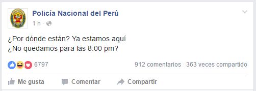 La Policía Nacional del Perú se burló de quienes habían organizado desde Facebook un saqueo al centro comercial Real Plaza Centro Cívico. (Foto: Facebook)