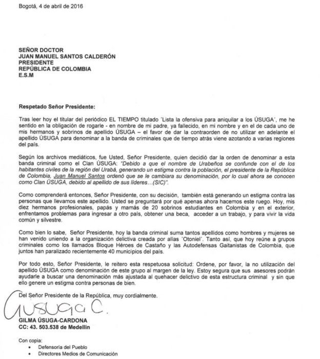 La carta que le envió Gilma Úsuga al presidente Juan Manuel Santos.