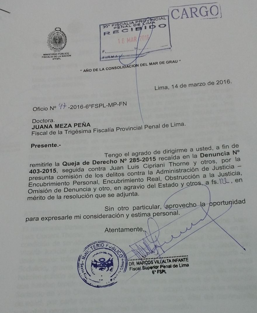 Esta es la carta con la cual el Ministerio Público citó a Juan Luis Cipriani por el caso Sodalicio. (El Comercio)