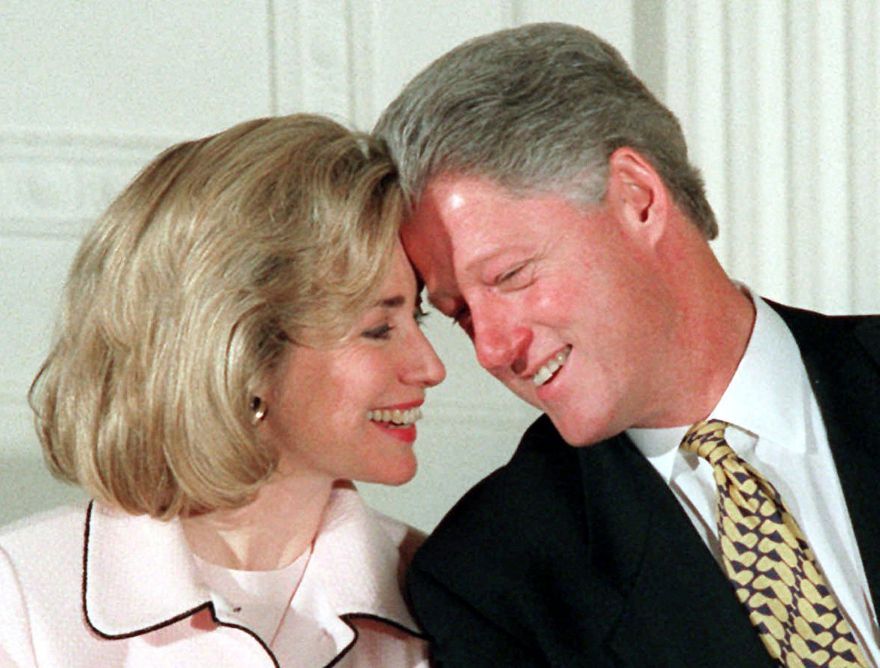 **FILE**President Clinton and wife Hillary share a moment during an East Room ceremony at the White House on July 17, 1996. Those of a suspicious nature are thinking that ABC's new hit 