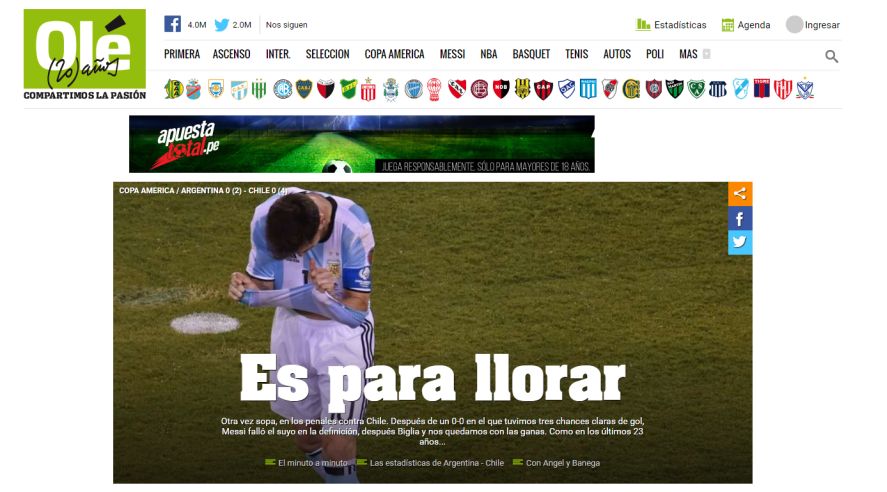 Chile y Messi: el título y lamento en las portadas del mundo