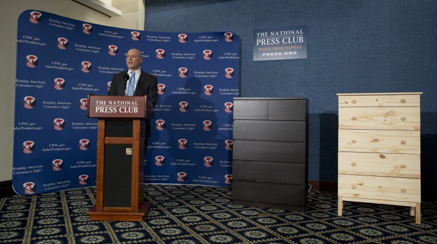 With two Ikea dressers displayed at right, Consumer Product Safety Commission (CPSC) Chairman Elliot Kaye speaks during a news conference at the National Press Club in Washington, Tuesday, June 28, 2016. Ikea is recalling 29 million chests and dressers after six children were killed when the furniture toppled over and fell on them. (AP Photo/Carolyn Kaster)