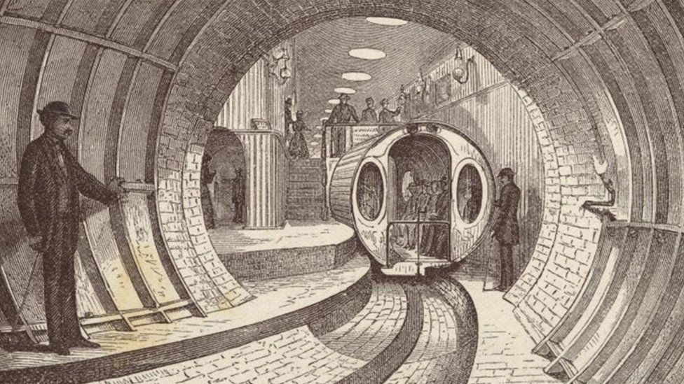 Esta ilustración de 1872 muestra cómo funcionaba el tren neumático en Nueva York.