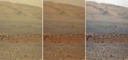 Tres versiones de la misma vista de Marte tomada por el robot que se encuentra en su superficie. A la izquierda: una sin procesar. Medio: una ajustada a cómo la vería el ojo humano. Derecha: cómo se vería bajo las condiciones de luz que hay en la Tierra.