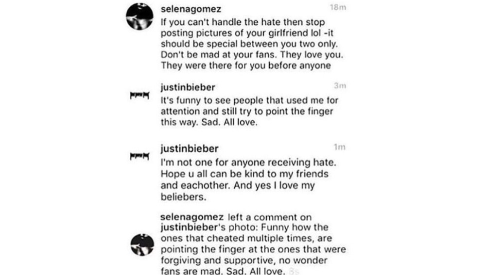 Capturas de la discusión de Justin Bieber y Selena Gómez en Instagram. (Foto: theshaderoom)