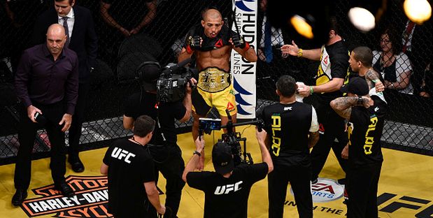 LAS VEGAS, NV - JULY 09: Jose Aldo of Brazil reacts to his victory over Frankie Edgar during the UFC 200 event on July 9, 2016 at T-Mobile Arena in Las Vegas, Nevada.  (Photo by Jeff Bottari/Zuffa LLC/Zuffa LLC via Getty Images)