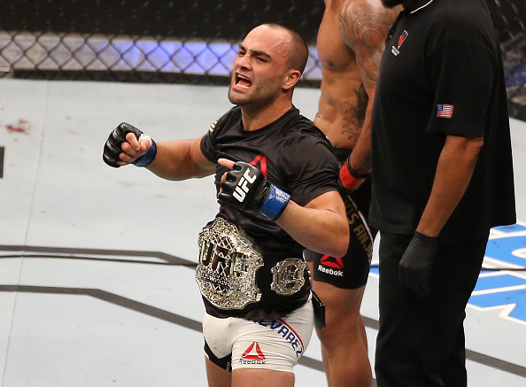 LAS VEGAS, NV - JULY 07:  Eddie Alvarez celebrates after knocking out Rafael Dos Anjos of Brazil to win the UFC lightweight championship during the UFC Fight Night event inside the MGM Grand Garden Arena on July 7, 2016 in Las Vegas, Nevada. (Photo by Ed Mulholland/Zuffa LLC/Zuffa LLC via Getty Images)