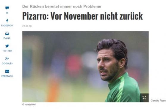 Claudio Pizarro volvería a jugar con Werder Bremen en noviembre