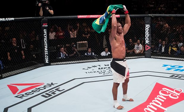 BRASILIA, BRAZIL - SEPTEMBER 24: Francisco Trinaldo of Brazil celebrates victory over Paul Felder of the United States in their lightweigh UFC bout during the UFC Fight Night event at Nilson Nelson gymnasium on September 24, 2016 in Brasilia, Brazil. (Photo by Buda Mendes/Zuffa LLC/Zuffa LLC via Getty Images)