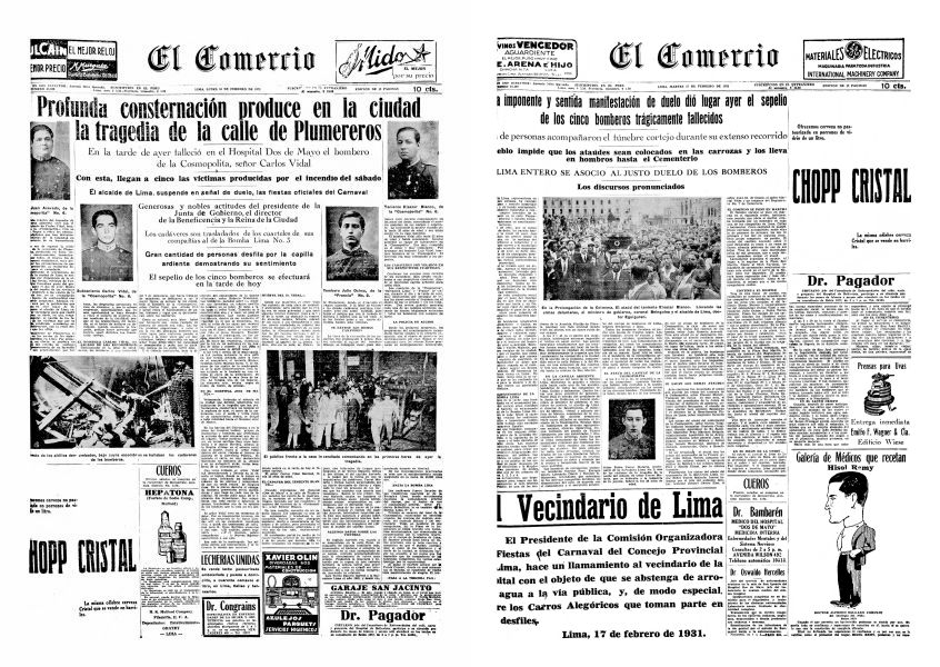 Portadas de El Comercio sobre el incendio en la calle Plumereros que cobró la vida de 5 bomberos. (Fuente: Archivo El Comercio)