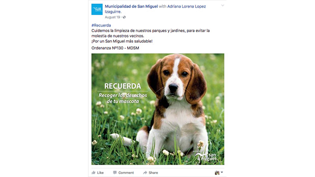 Las autoridades municipales de este distrito también usan su muro en Facebook para promover la tenencia responsable de mascotas.