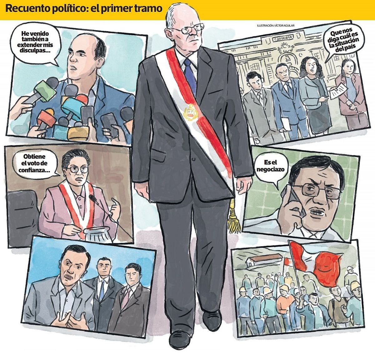 PPK, su Gabinete y su bancada han sorteado una serie de situaciones que los pusieron en jaque en estos primeros meses, pero la tensión también convive entre ellos. ¿Por qué razones? (Ilustración: El Comercio / Víctor Aguilar)