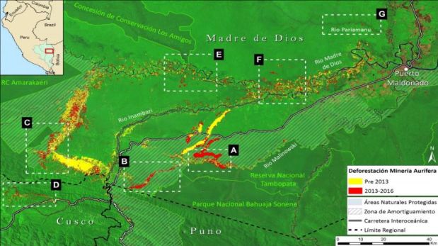 En amarillo aparece la deforestación antes de 2013, la parte en rojo es la deforestación provocada por minería ilegal entre 2013-2016 (Crédito: USGS/NASA)