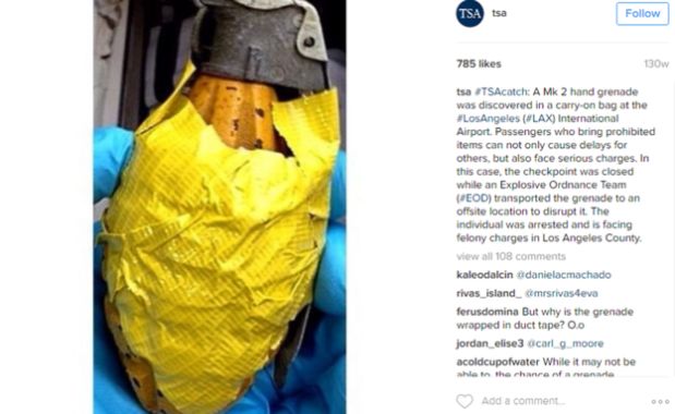 Esta granada fue descubierta en el equipaje de mano de un pasajero que volaba desde el Aeropuerto Internacional de Los Ángeles. (Foto: Instagram)