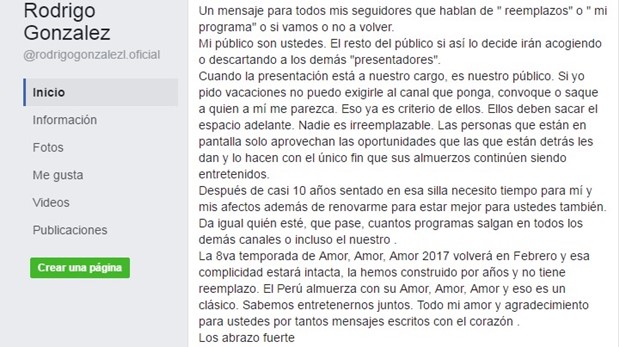 Captura de pantalla del post de Rodrigo González en su cuenta de Facebook. (Foto: Facebook)