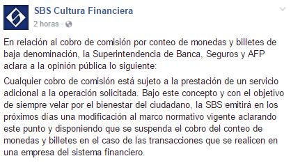 El comunicado fue difundido en la página de Facebook SBS Cultura Financiera. (Foto: Captura)