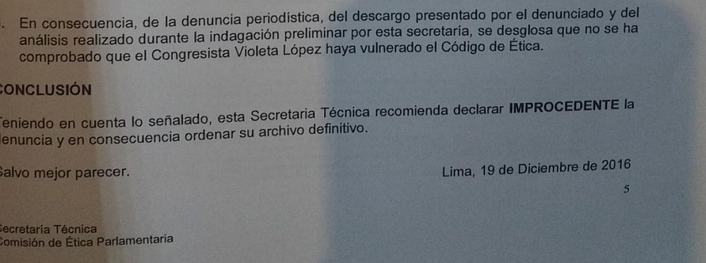 Esta es la parte final del informe técnico que recomienda no investigar a Gilbert Violeta. (Fuente: El Comercio)