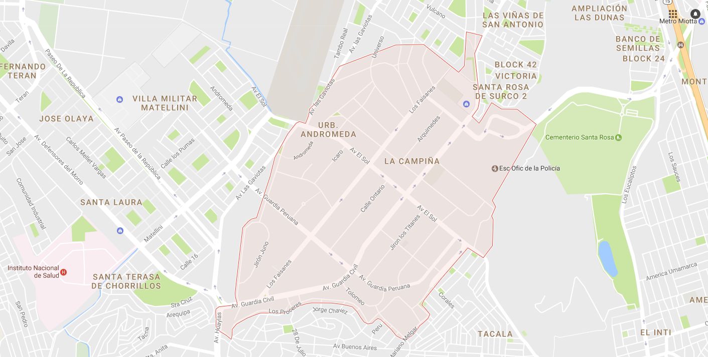 Aquí se puede apreciar cómo la calle Los Faisanes está cerca de la Escuela de Oficiales de la PNP. En rojo, toda la zona conocida como La Campiña. (Google Maps)