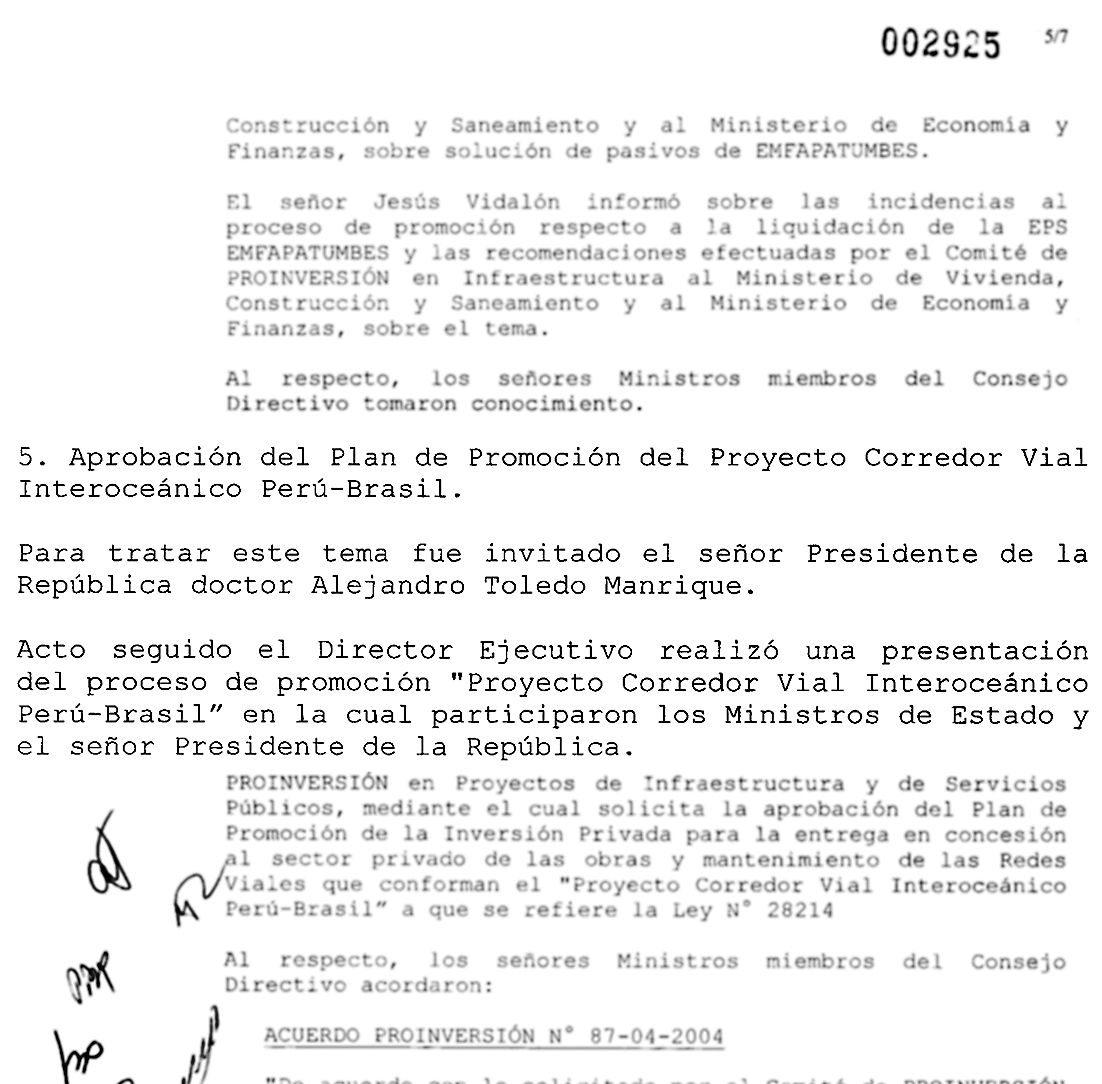 El acta del consejo directivo de pro inversión: El 22 de diciembre del 2004 el entonces presidente Toledo llegó a mitad de la reunión para discutir la aprobación de la Interoceánica. (Fuente: El Comercio)